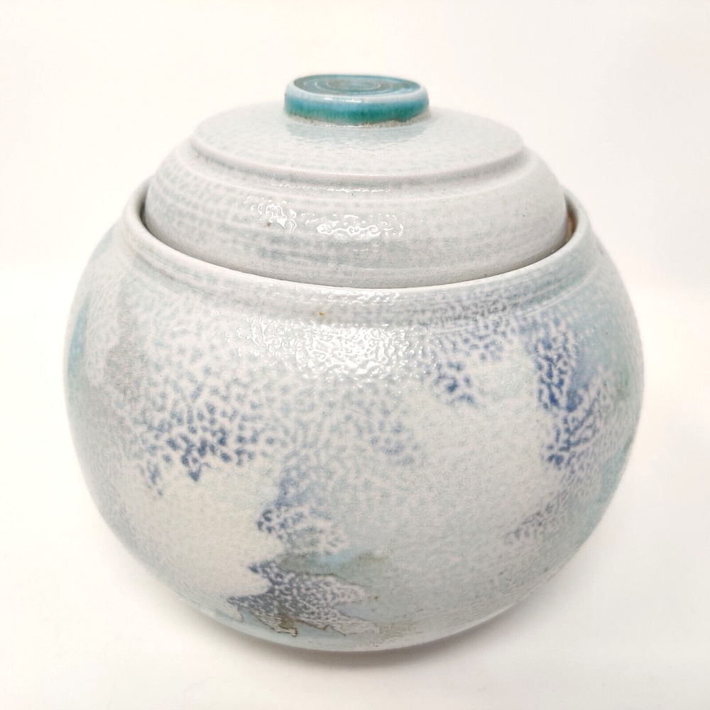 Signed Studio Pottery Jar Canister w/ Lid Blue Leaves Leaf Textured Stoneware